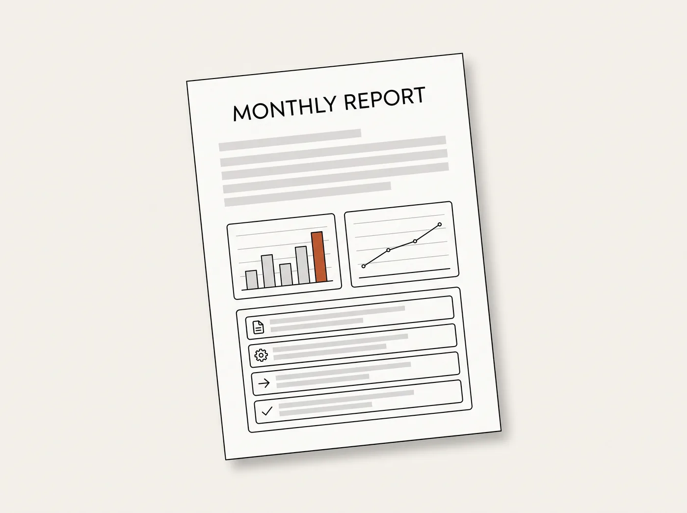 An illustrative monthly report showing pages published, technical fixes and changes in AI recommendations